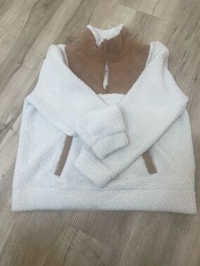 Time and Tru Cream Sherpa Pullover with Tan Corduroy Trim